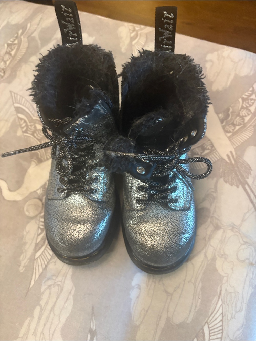 Doc Martens' Metallic Black Fur-Trim Lace-Up Boots